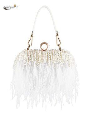 Ostrich Feather Clutch Evening Bag Chain Strap Party Purse